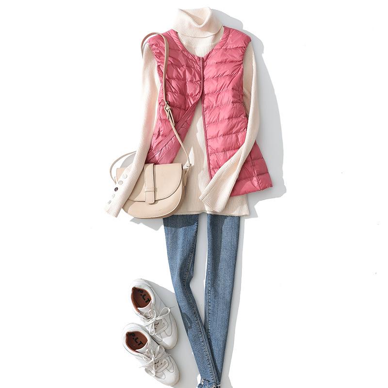 Women's Lightweight Sleeveless Down Vest: Short Round Neck, Autumn/Winter, Plus Size.