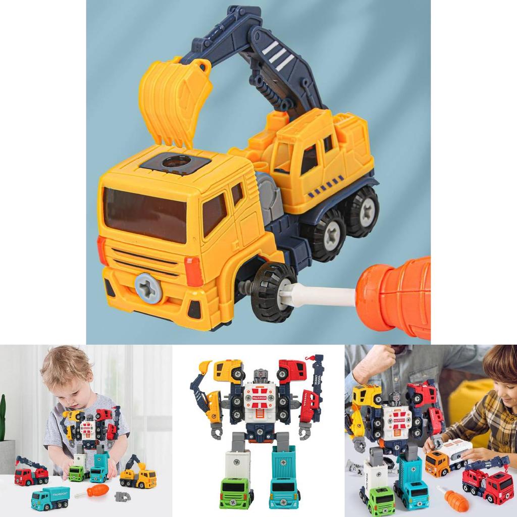 Diy Detachable Engineering Vehicle Toy Set For Boys With Five Colorful Transforming Robots