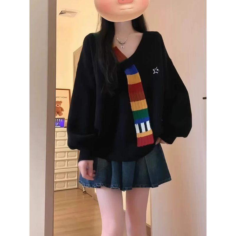 

Rainbow Patchwork Loose Preppy Style V-neck Sweater Black S