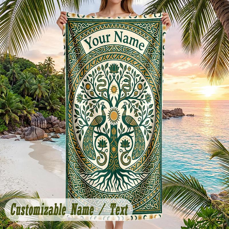 Tree Life Artwork 2 Theme Quick Dry Beach Towel Custom Name Text Print Large Sand Resistant Towel Beach Vacation