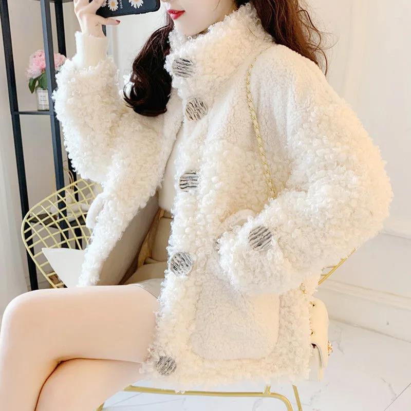 

Осень и зима новое женское пальто с имитацией овечьего меха на пуговицах для молодых девушек S белый