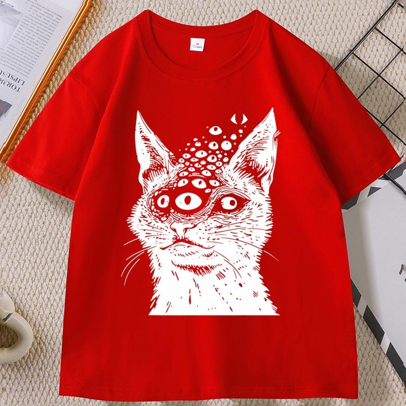 Weirdcore Cat T Shirt Harakuju Creepy Horror Goth Cat TShirt Gothic Dark Aesthetic Tshirt Casual Round Neck Cotton Tees S