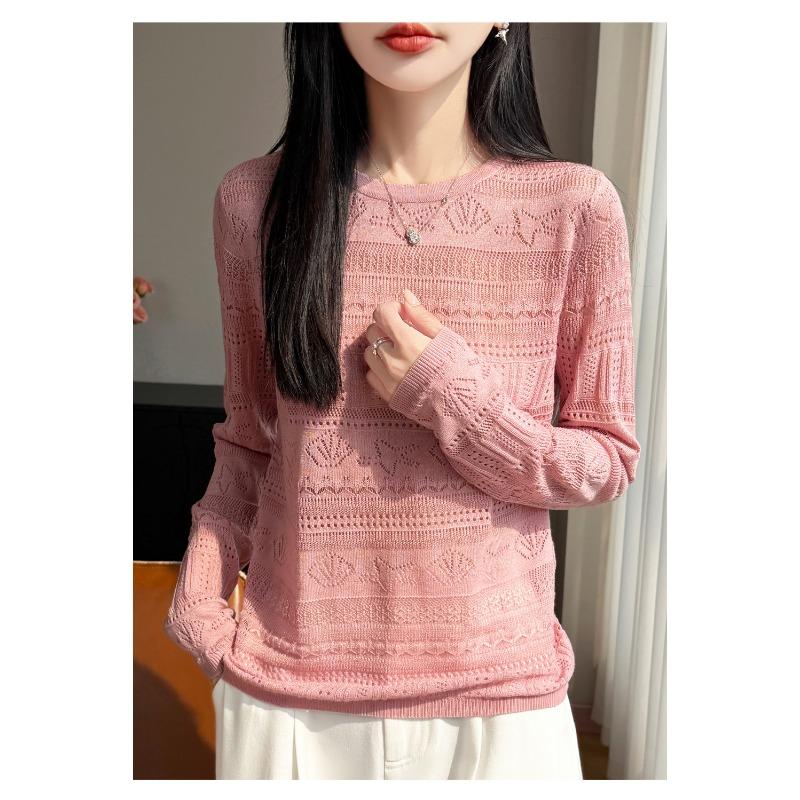 Women S Loose Long Sleeve Round Neck Cutout Knit Sweater Base Layer