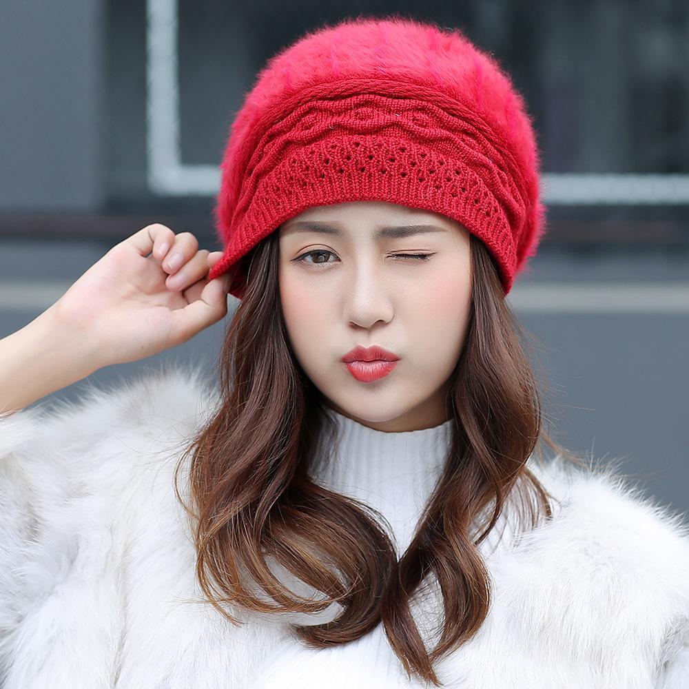 Women's Winter Rabbit Fur Knitted Beret - Warm, Velvet-Lined Korean Style