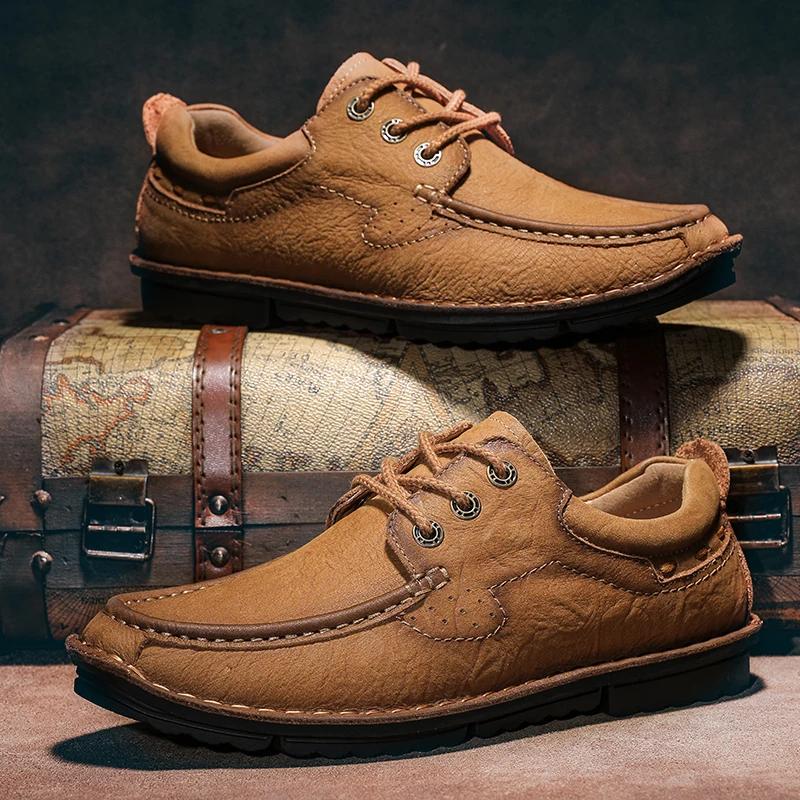 Fashion New High Quality Men Hiking Shoes Genuine Leather Casual Shoes Hand-stitching Male Treking Shoes Versatile Sneakers Oxford Shoes