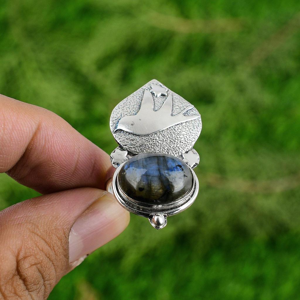 Womens day Sale 925 Silver Labradorite Gemstone Bird Stackable Wife Ring Jewelry