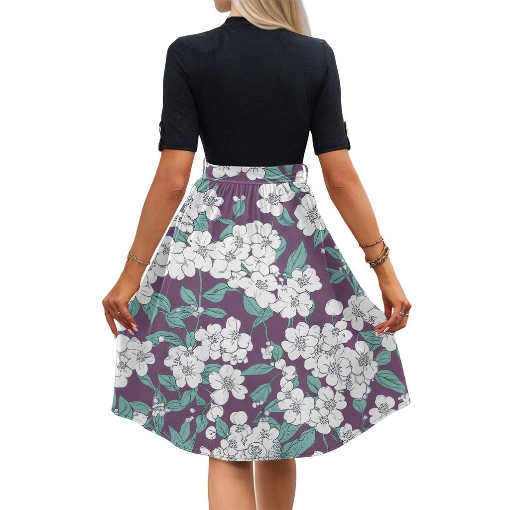 Women's Fashion Casual Belt Short Sleeve Round Neck Floral Elegant Temperament Dress