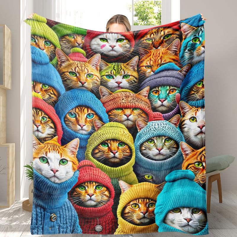 Geometric Multicolor Cat Simple Cartoon Throw Blanket,Soft Bed,Couch Layer,Birthday Anniversary Cute Minimalist Comfort Gesture