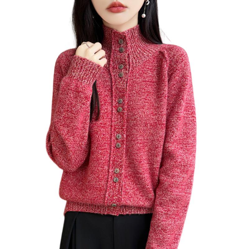 Women's Heathered Wool Stand-Up Collar Cardigan Sweater - Long Sleeve, Double-Strand, Thickened Knit for Autumn & Winter
