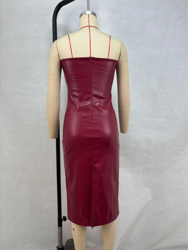 Evropské a americké dámské sexy šaty bez ramínek s rozparkem z PU kůže - Kolekce podzim/zima 2024