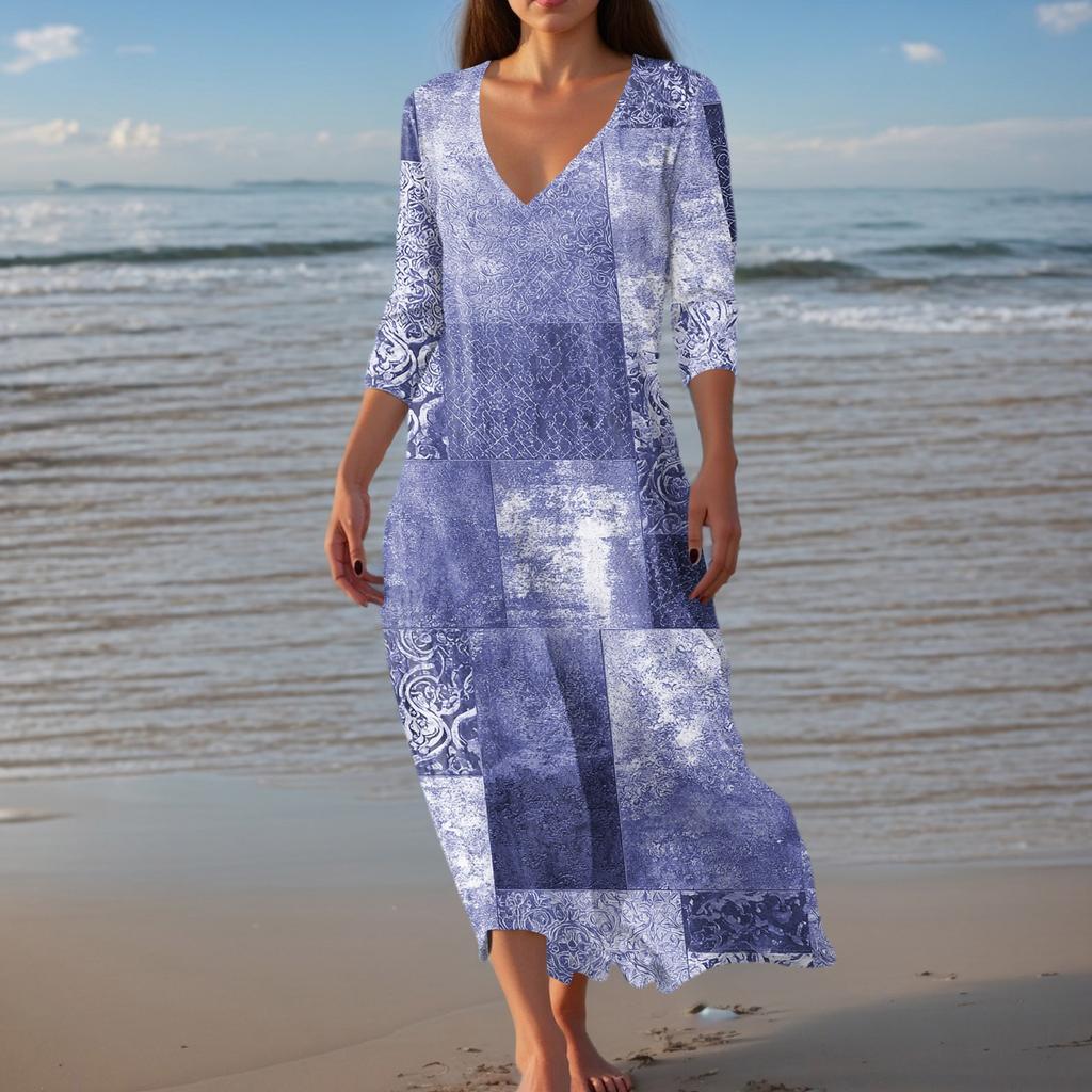 Women's Vintage Print Tunic Waisted Midi Dress Summer Casual 3/4 Sleeve Dress Dress