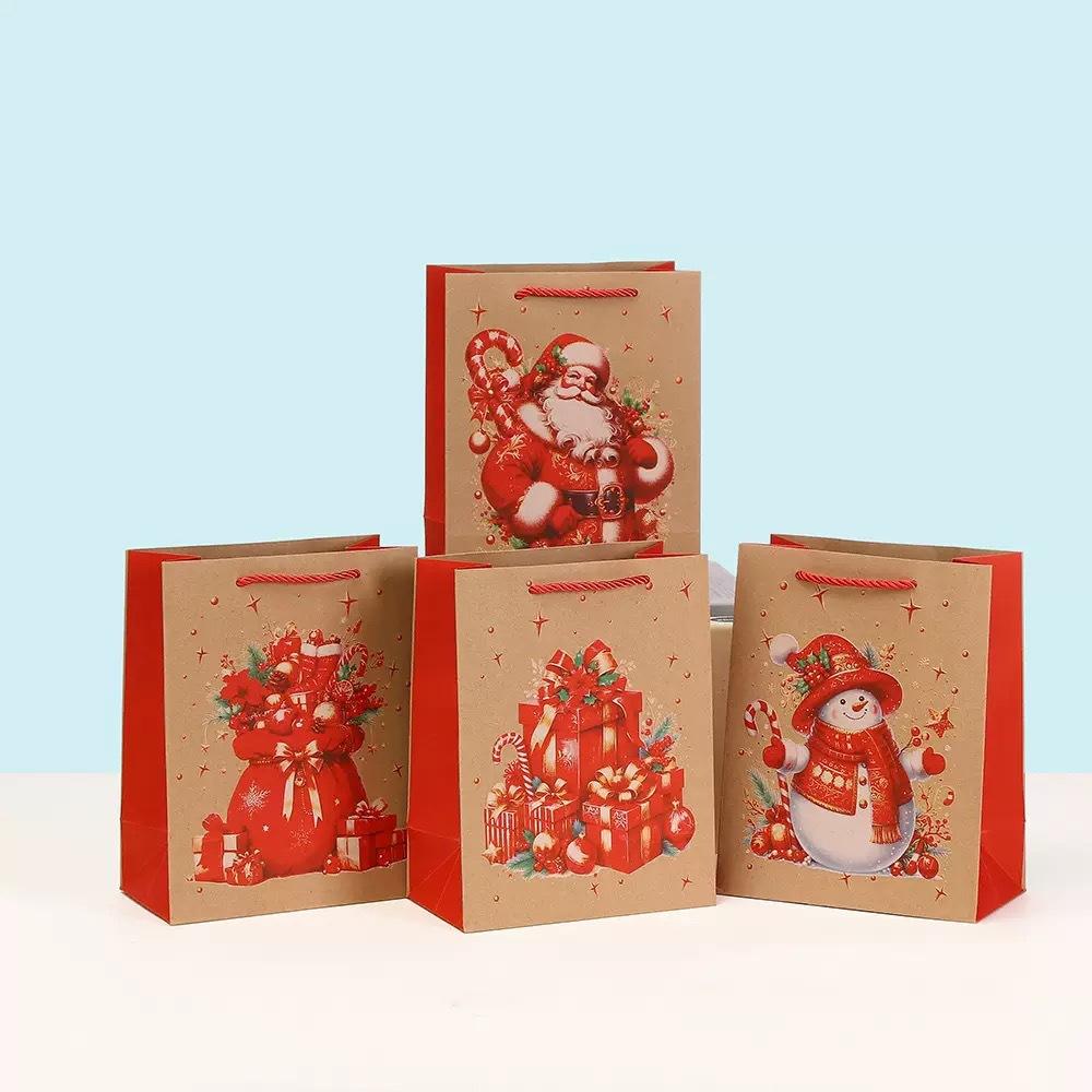 StoBag Kraft Christmas Gift Wrapping Bags for Sweets Santa Snowman Red Print Reusable Gift Packaging Bag Holiday Treat