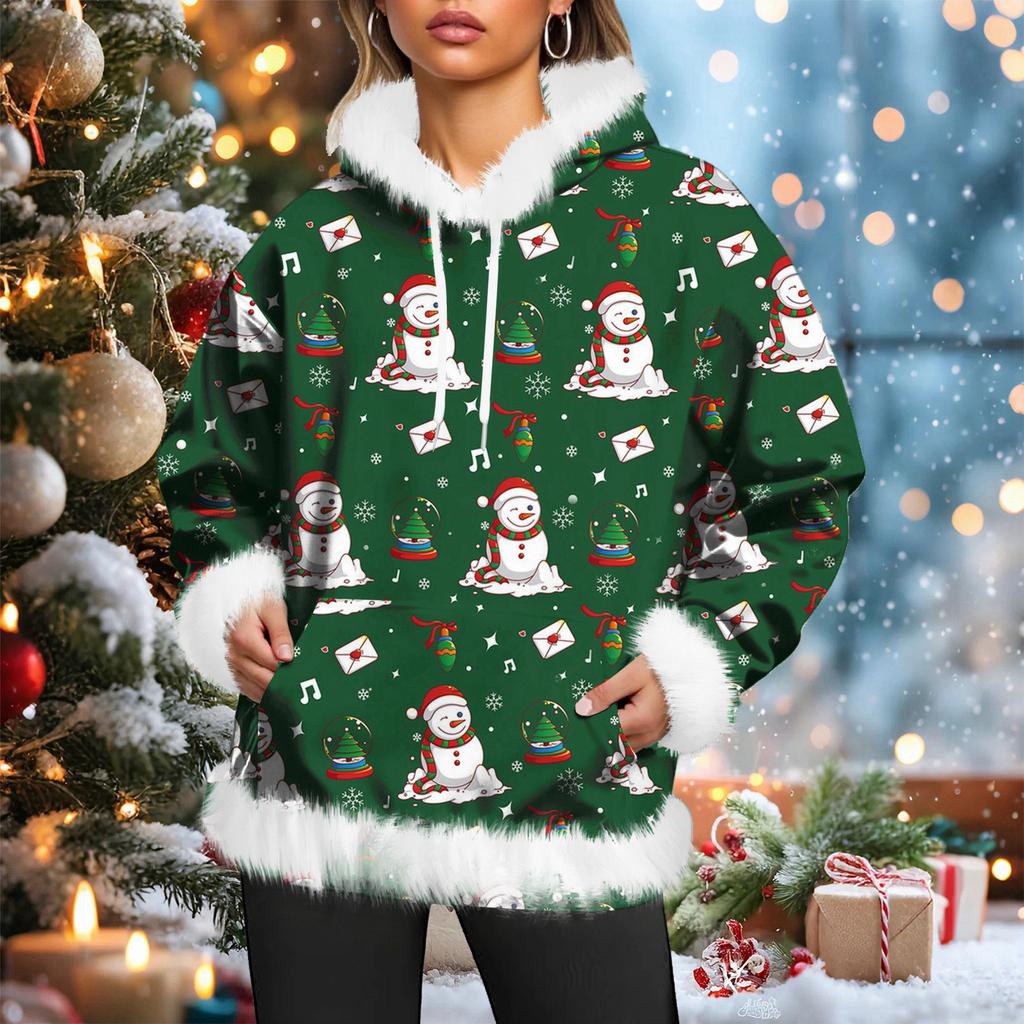 Damska świąteczna bluza z kapturem, casualowa, z podszewką z polaru, z długimi rękawami i kieszeniami
