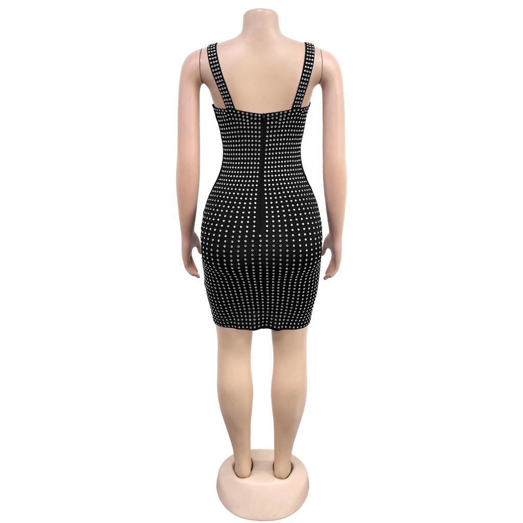 C7197 Women's Sexy Spaghetti Strap Bodycon Mini Dress with Hot Drill Details