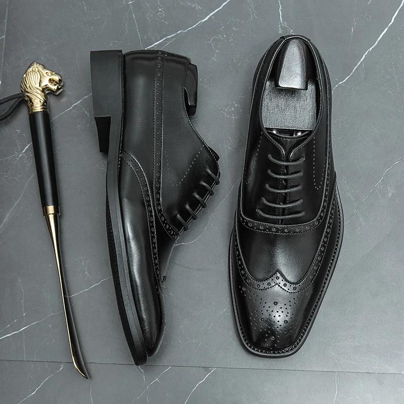 New In Brown Brogue Shoes for Men Black Lace-up Square Toe Party Wedding Shoes  Men Shoes Size 38-46
