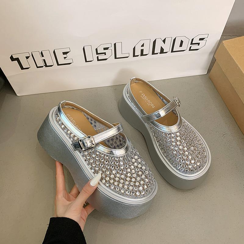 Silver Rhinestone High-grade Non-slip Bag Head Thick-soled Slippers for Women's Summer Wear 2025 New Height-increasing Soft-soled Cool Slippers