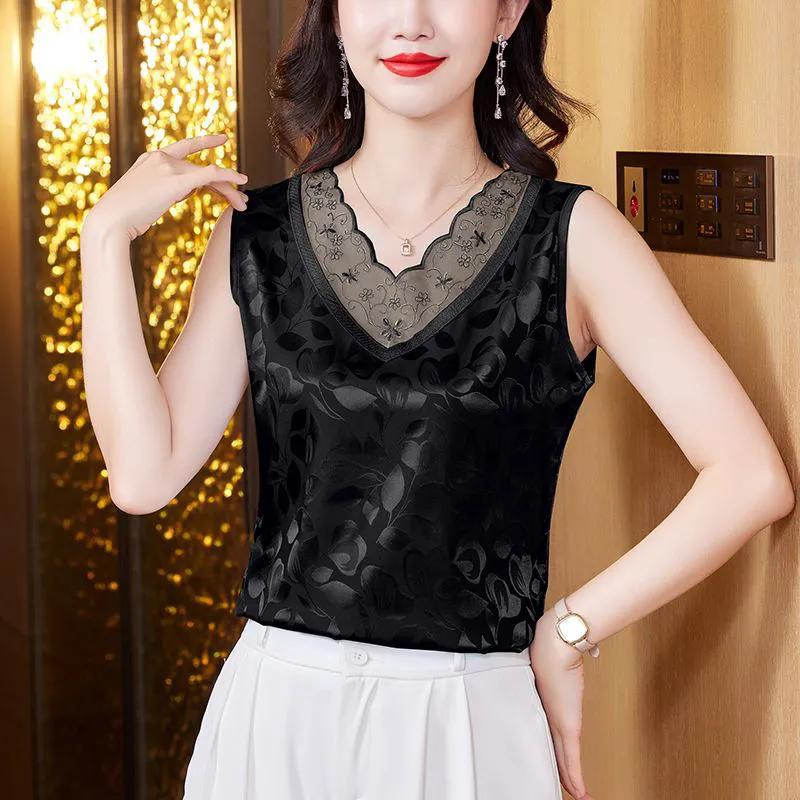 WTEMPO Large Size Satin Jacquard Camisole Vests for Women Spring Summer Solid Color Loose Lace Patchwork Sleeveless Tops