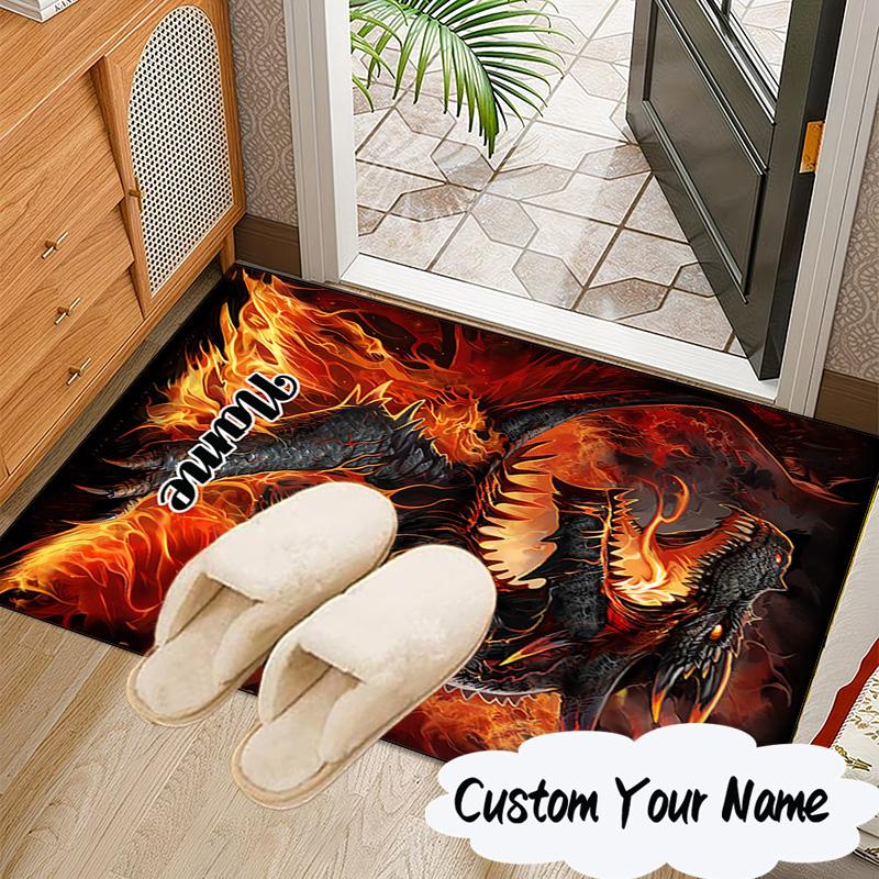 Custom Name Fantasy Dragon Blossoms Rug for Living Room, Game Rooms, Office, Bedroom, Floor Mat Playful Design, Fan Gifts Christmas Decor