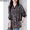 MODIQUE Frühling Sommer Übergröße Neue Damen Lose Vintage Zebrastreifen Bluse Shirts Weibliche Chiffon Casual Übergröße Langarm V-Ausschnitt Top