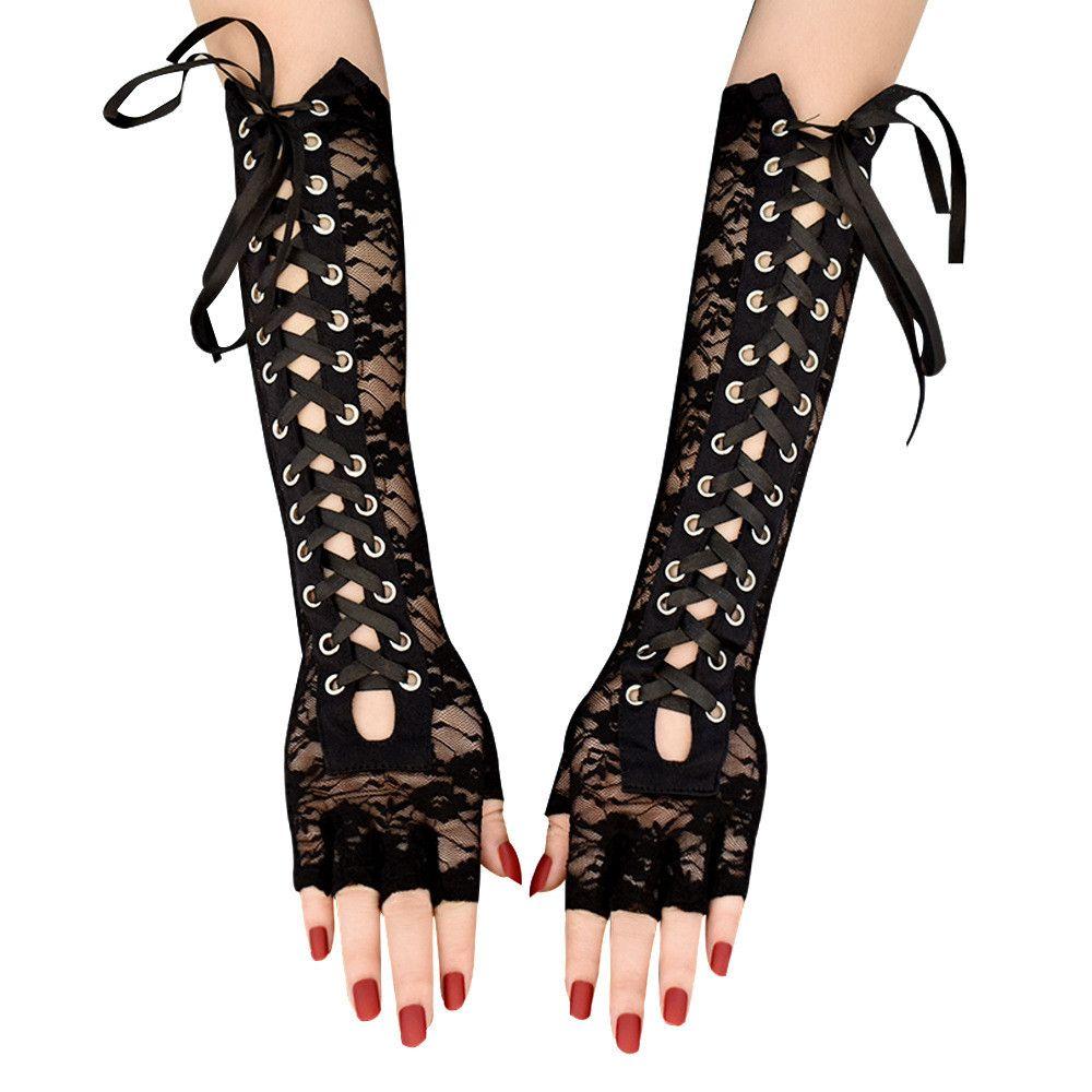 1 Pair New Fashion Fingerless Long Ritual Dance Silk Ribbon Lace Gloves Punk Mittens Gothic Gloves