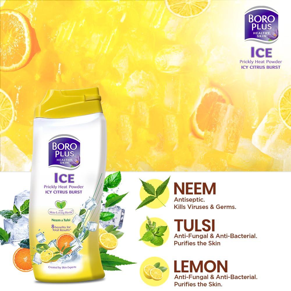 BOROPLUS Ayurveda Hitzepickel Puder Icy Citrus Blast 400g Packung mit 1 Stück zur Schweißabsorption und zum Hautschutz