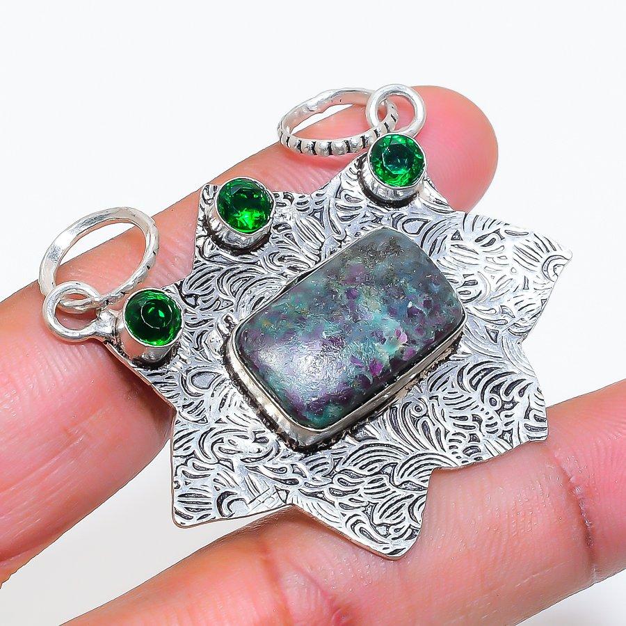 Natural Ruby Fuchsite, Diopside 925 Sterling Silver Jewelry Pendant 1.58" ZS-657