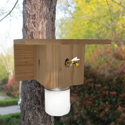 Wood House Carpenter Bee Trap with Clear Bottle Outside Natural Wood Boring Bee Trap Weather-proof Outdoor Hanging Bee Catcher