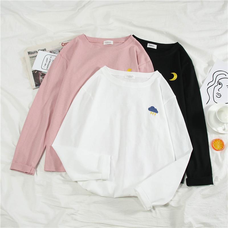 Women Cartoon Embroidery Shirts Tops Autumn Long Sleeve Harajuku Pullover Casual Loose Student Funny Blouses