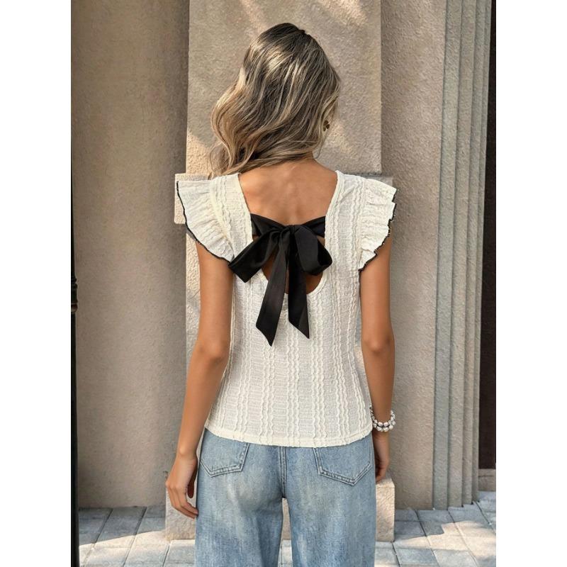 Women Casual Textured Backless Bow Tie Flying Sleeve Knit Short Sleeve T Shirt