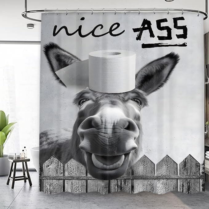 Funny Donkey Shower Curtain 60Wx72L Inch Farmhouse Cute Animal Rustic Country Black White Wooden Planks Western Rural Print Bath