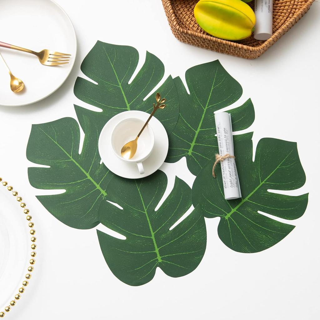 ATFL 8.3'' Artificial Medium Palm Leaves,50 PCS Fake Tropical Monstera Faux Palm Leaves for Safari Jungle Hawaiian Luau Party Table Decoration