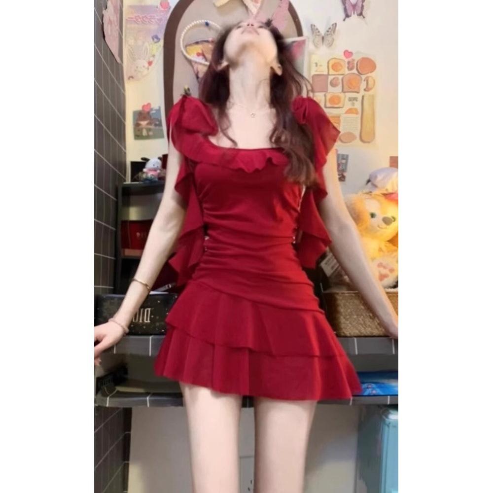 Summer new resort style ruffled slip dress fashion temperament versatile female hot girl streamer skirt