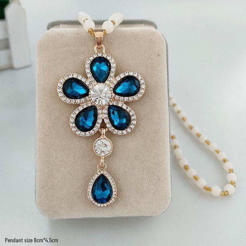 Damen Lange Blumen-Anhänger-Halskette - Elegante Wassertropfen-Pulloverkette für Herbst/Winter