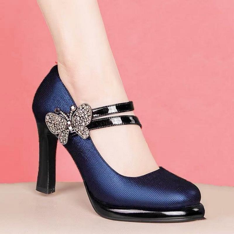 FHC New Cowhide Leather Office Lady Work Shoes,Women Platform Pumps,Rhinestone Bowtie High Heels,Round Toe,Black,Blue,Dropship