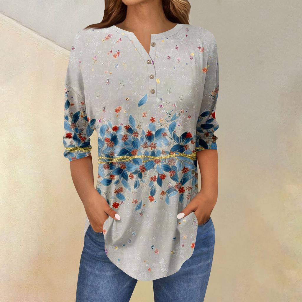 Tee Shirts For Women Fall Casual 3/4 Long Sleeve Button Shirts Sweatshirt Vintage  Top Pullover