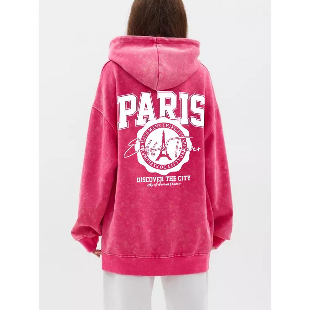 Cotton Womans Acid Wash Hoodies Paris Discover The City Printing Streetwear Oversize Pocket Warm Pullovers Clothes