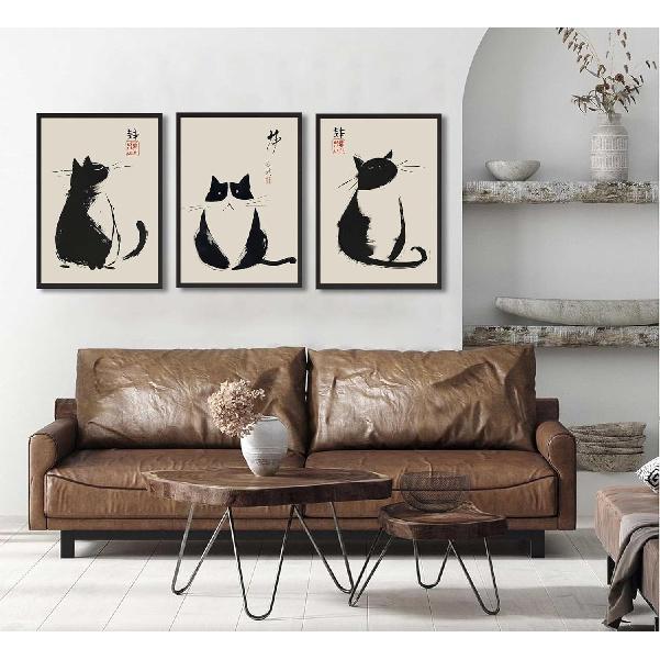 3Pcs Vintage Japanese Cat Wall Art Cute Funny Japanese Black Cat Canvas Paintings Japanese Matsumoto Hoji Prints Neutral Wall Decor Cat Pictures