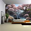 Japanese Cherry Blossom Waterfall Tapestry, Pink Sakura Floral Landscape Wall Art for Serene Bedroom and Living Room Decor,