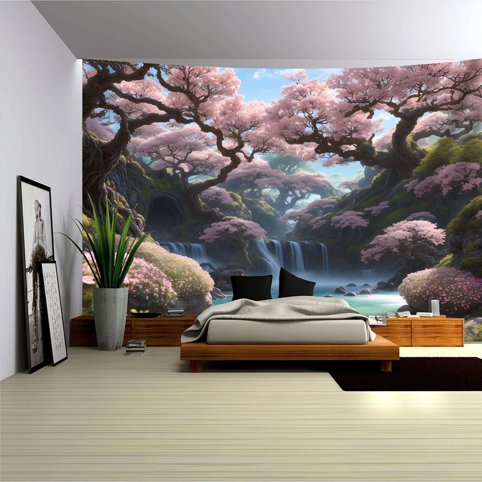 Japanese Cherry Blossom Waterfall Tapestry, Pink Sakura Floral Landscape Wall Art for Serene Bedroom and Living Room Decor, 90x75cm
