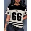 T-shirt Femme 'King 66' Imprimé Alphanumérique & T-shirt à Manches Courtes Contrastées, Haut d'Été Décontracté à Col Rond