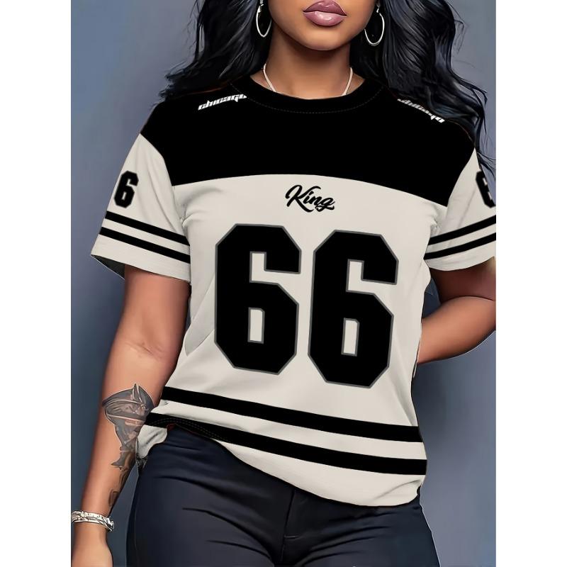 

Women s King 66 Alphanumeric Print T-Shirt - & Contrast Short Sleeve T-Shirt, Casual Crew Neck Summer Top S