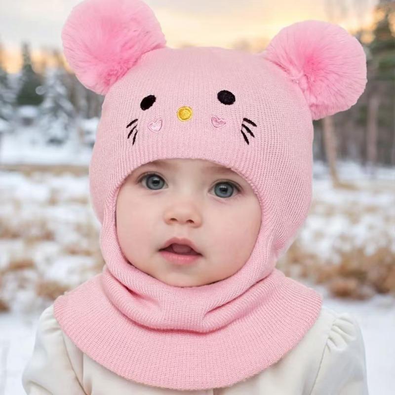 Winter Children Knit Balaclava Hat Warm Scarf One Piece Hats Neck Ear Protection Headgear Cap Pompom Baby Hooded Beanies 1-8Year