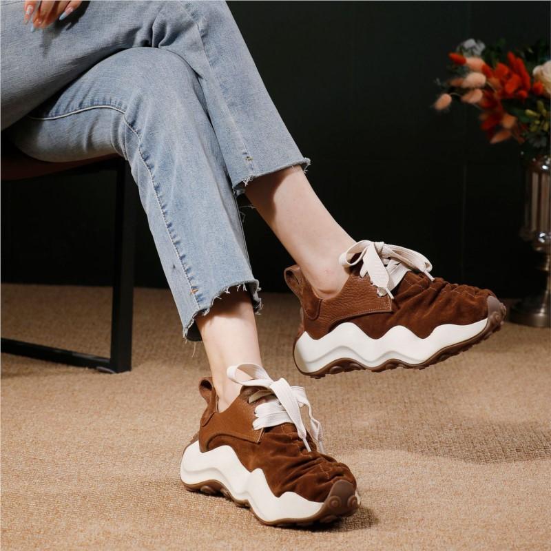 Johnature Chaussures pour femmes Cuir véritable Suede Épissage Semelle épaisse Style sportif Respirant Lacets Chaussures décontractées
