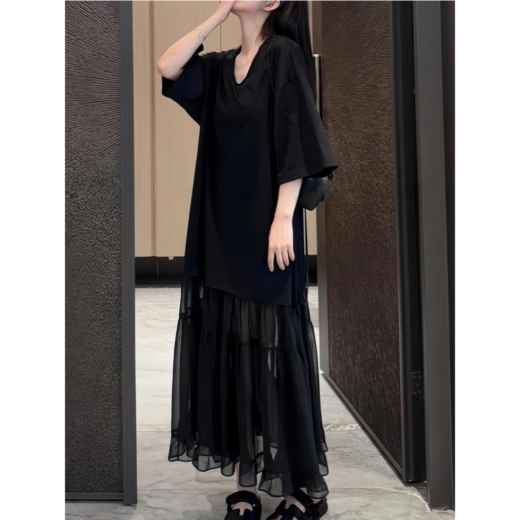 Plus Size French Patchwork Round Neck Summer Dress - Women's Versatile Solid Color Skirt