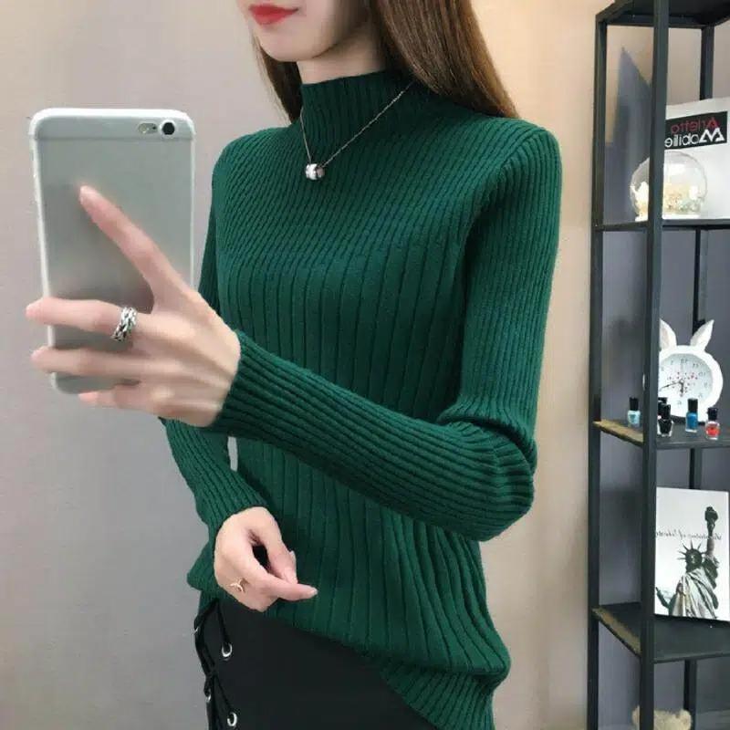 Autumn Winter Slim Casual Fashion Half High Collar Sweater Women Solid Color All-match Bottomed Knitting Tops