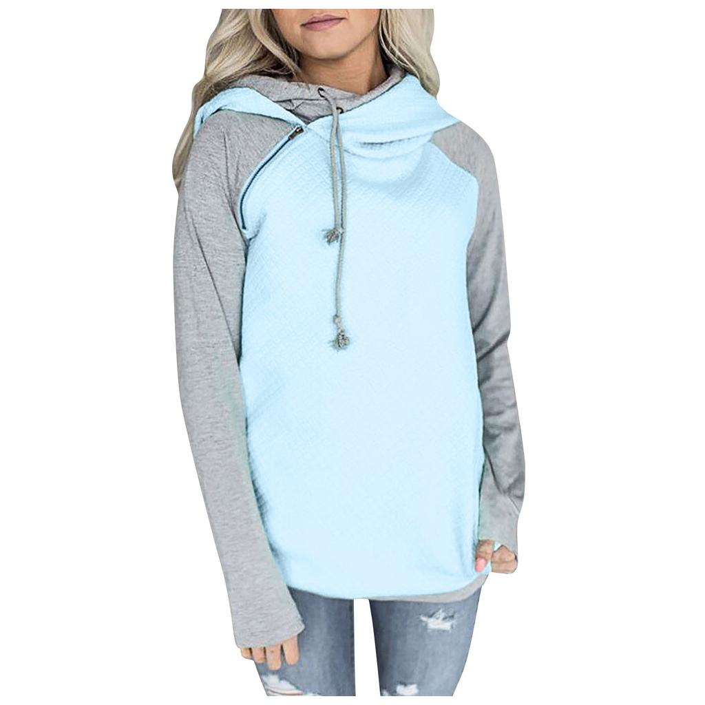 Women's Zip Funnel Neck Hooded Sweatshirts Long Sleeve Pullover Hoodie Drawstring Hoody Raglan Pullover Tops