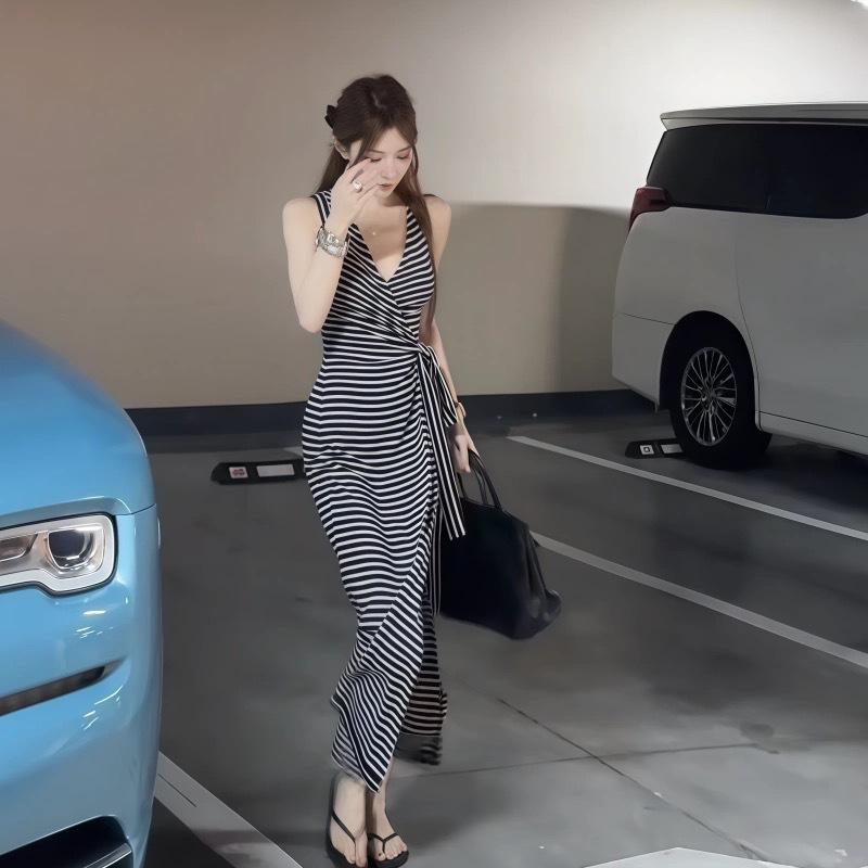 Pure Lust Spice Girl Sexy Striped Sleeveless Dress Women's Summer New Slim Skinny Split Dress