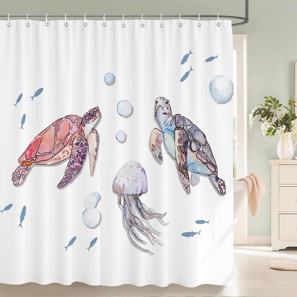 Dolphin Shower Curtain Blue Underwater World Marine Life Polyester Fabric Kids Ocean Theme Bathroom Decor Set With 12 Hooks