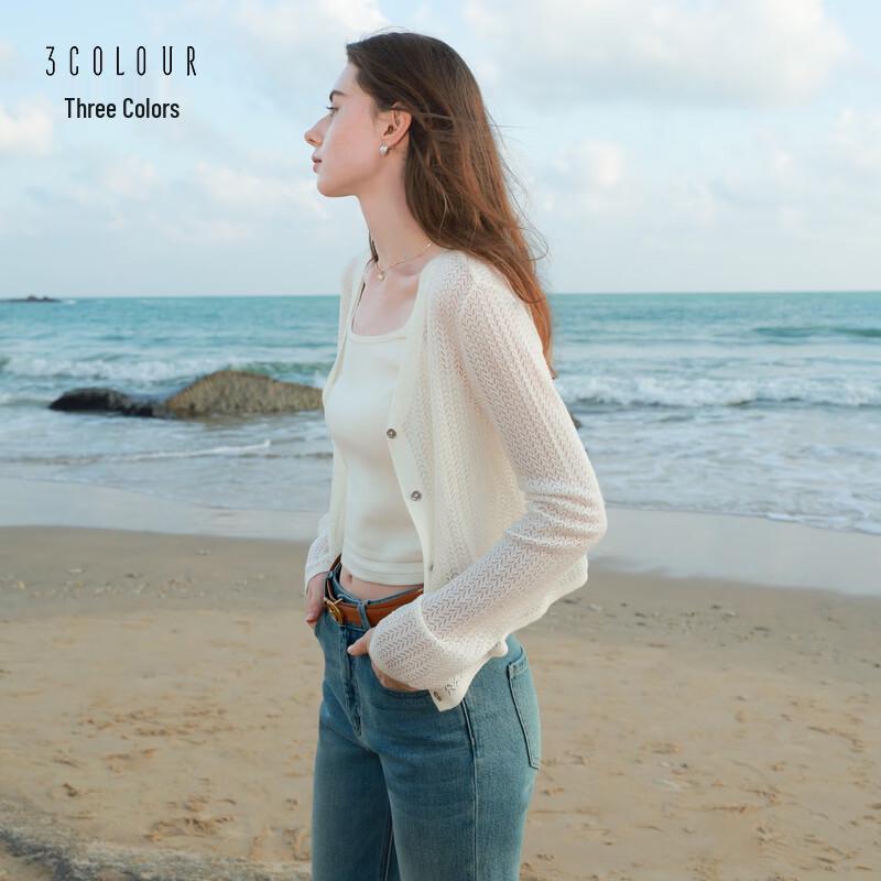 SanCai Lyocell Blend V-Neck Open-Knit Short Cardigan L