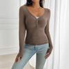 Y2K Knopf Einfarbig Langärmliges Unterhemd T-Shirt Damen Herbst und Winter V-Ausschnitt Slim Stretch Oberteil